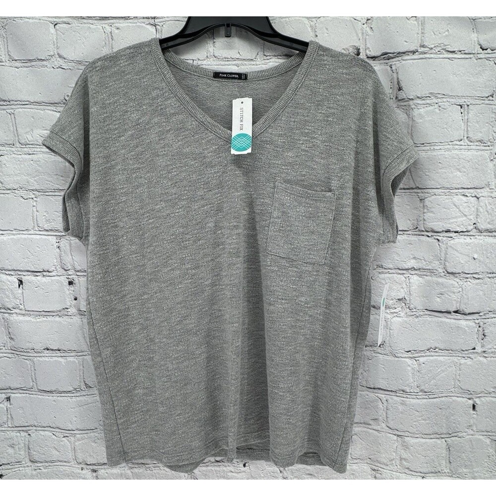 NWT Pink Clover Top Women's XL Gray Lightweight Short Sleeve Pocket V-Neck